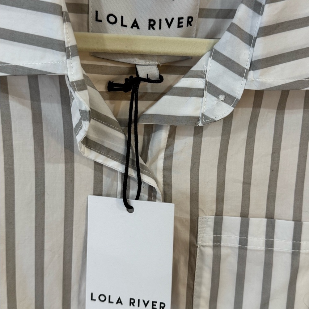 Lola River Striped Button-Down Shirt in Cream and Gray - Picture 3 of 4